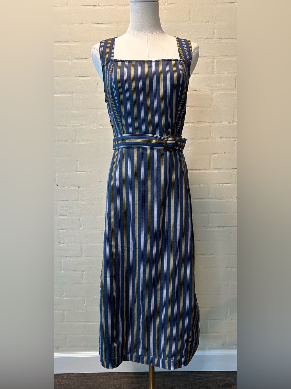 Current Air Navy Stripe Linen Blend Midi Dress Size S Cottage Coastal Hamptons